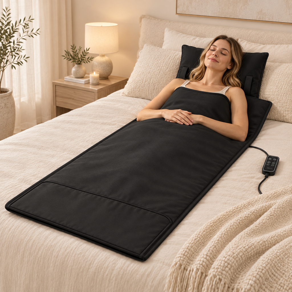 Couverture sauna infrarouge noire en situation d’utilisation