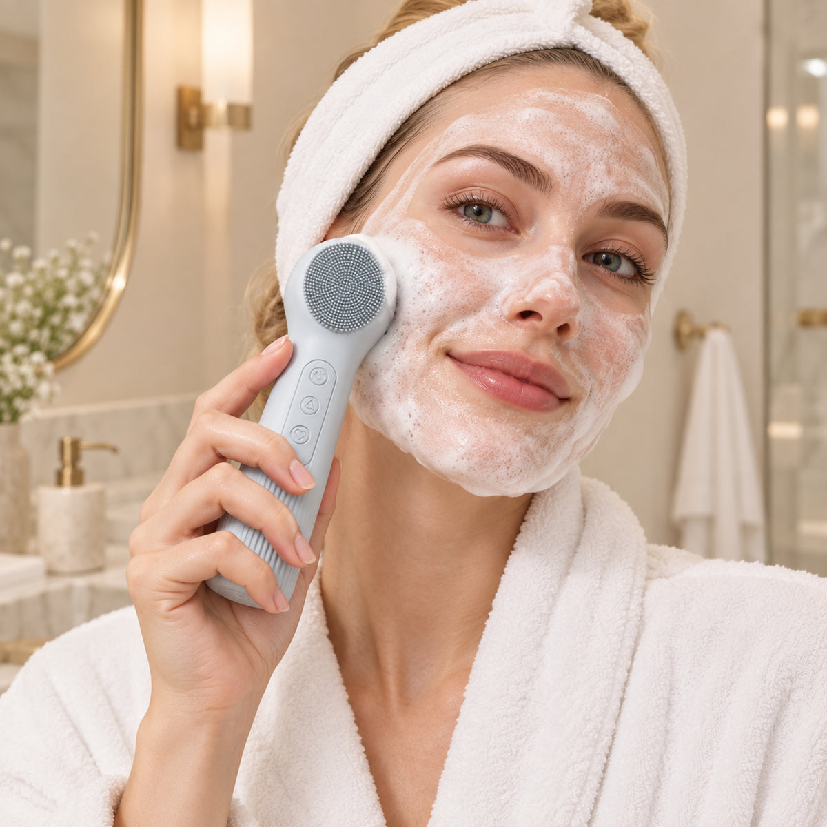 Utilisation de la brosse sonique en silicone sur le visage